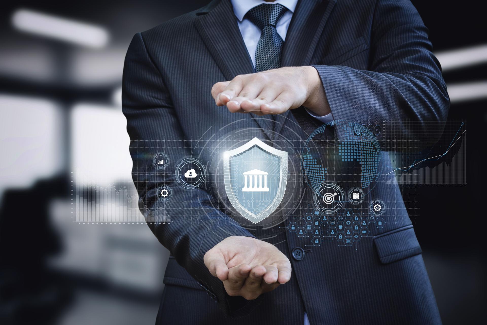 Businessman protects banking with digital shield