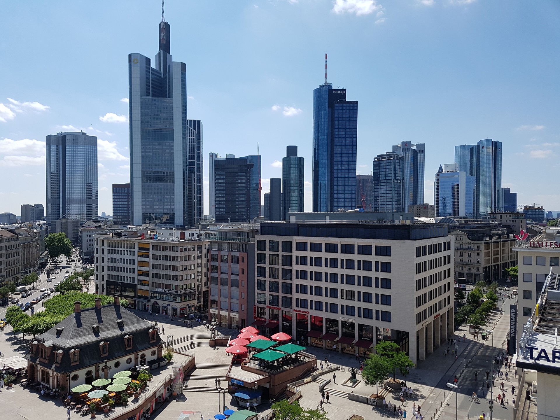 Frankfurt Main skyline view of Finance district in downtown city - upper bird's eye view perspective on inner city square place called " Hauptwache " from shopping center in Germany