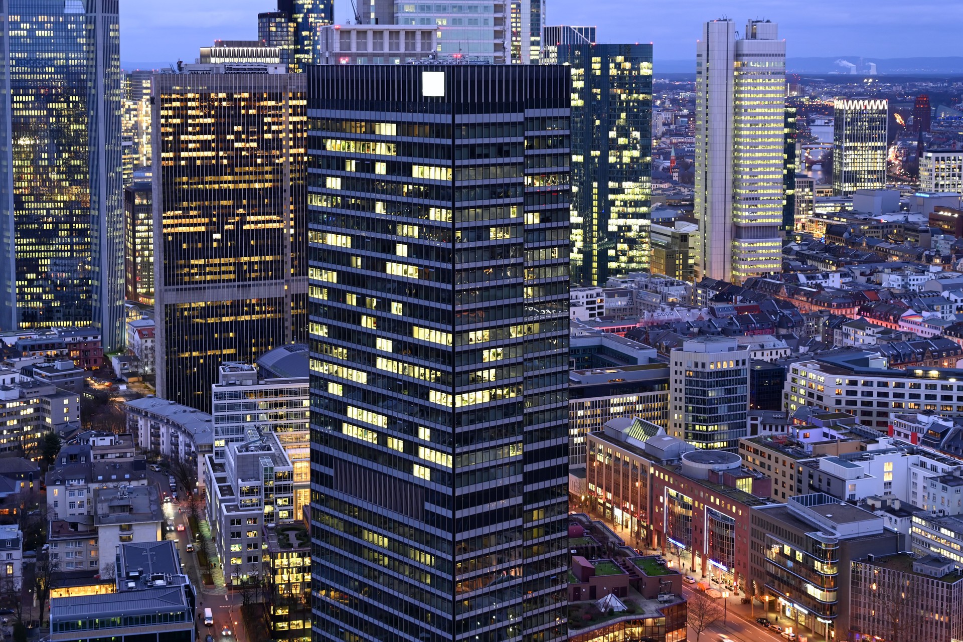 Illuminated cityscape of Frankfurt am Main skyline at dusk, Hesse, Germany, Europe