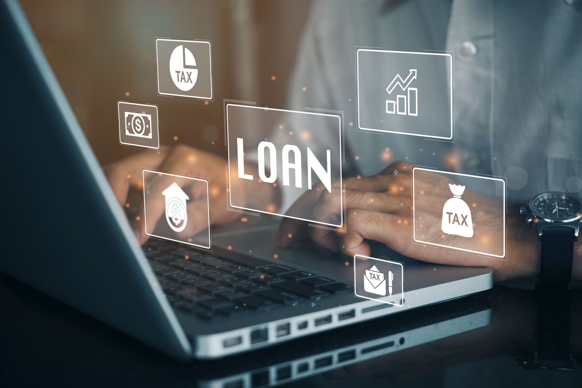 Businesswoman using a computer to LOAN icons over the Network connection. Non performing loans. Businessman pressing a Business Loan concept button.