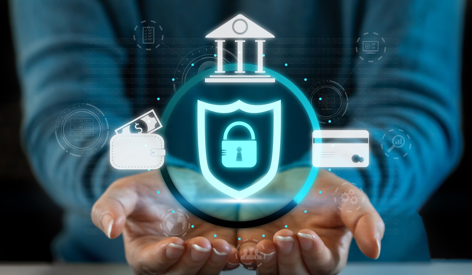 Hand holding security bank protect, technology digital program futuristic, money, credit card, privacy, password, cyber security, mobile banking technology to protect client IT lock icon.banking security